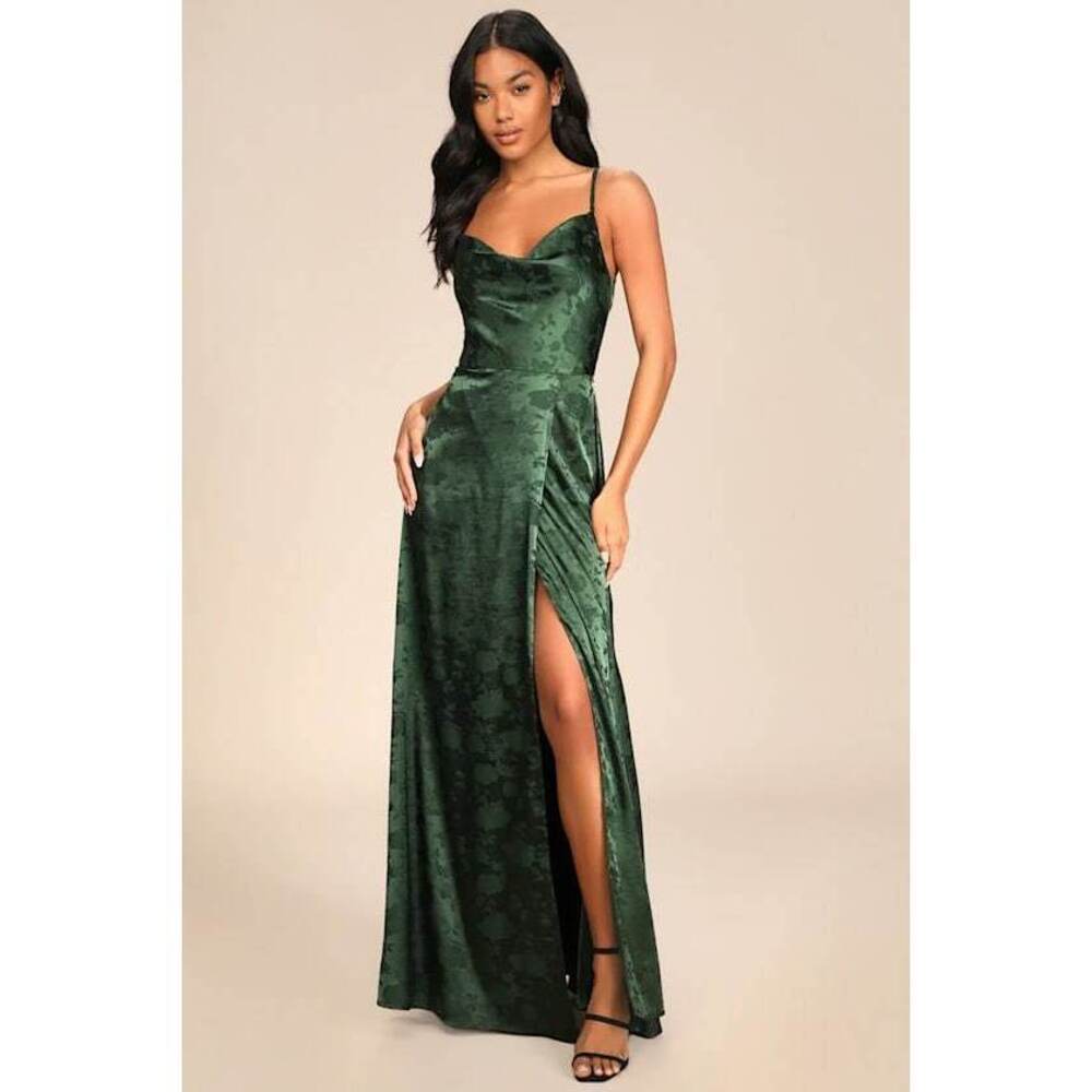 Lulus Simply Dreamy Emerald Green Satin Floral Jacquard Maxi Dress - Size XL